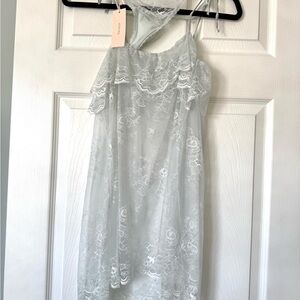 Eberjey lace chemise gown thong set, soft gray blue slip lace NWT